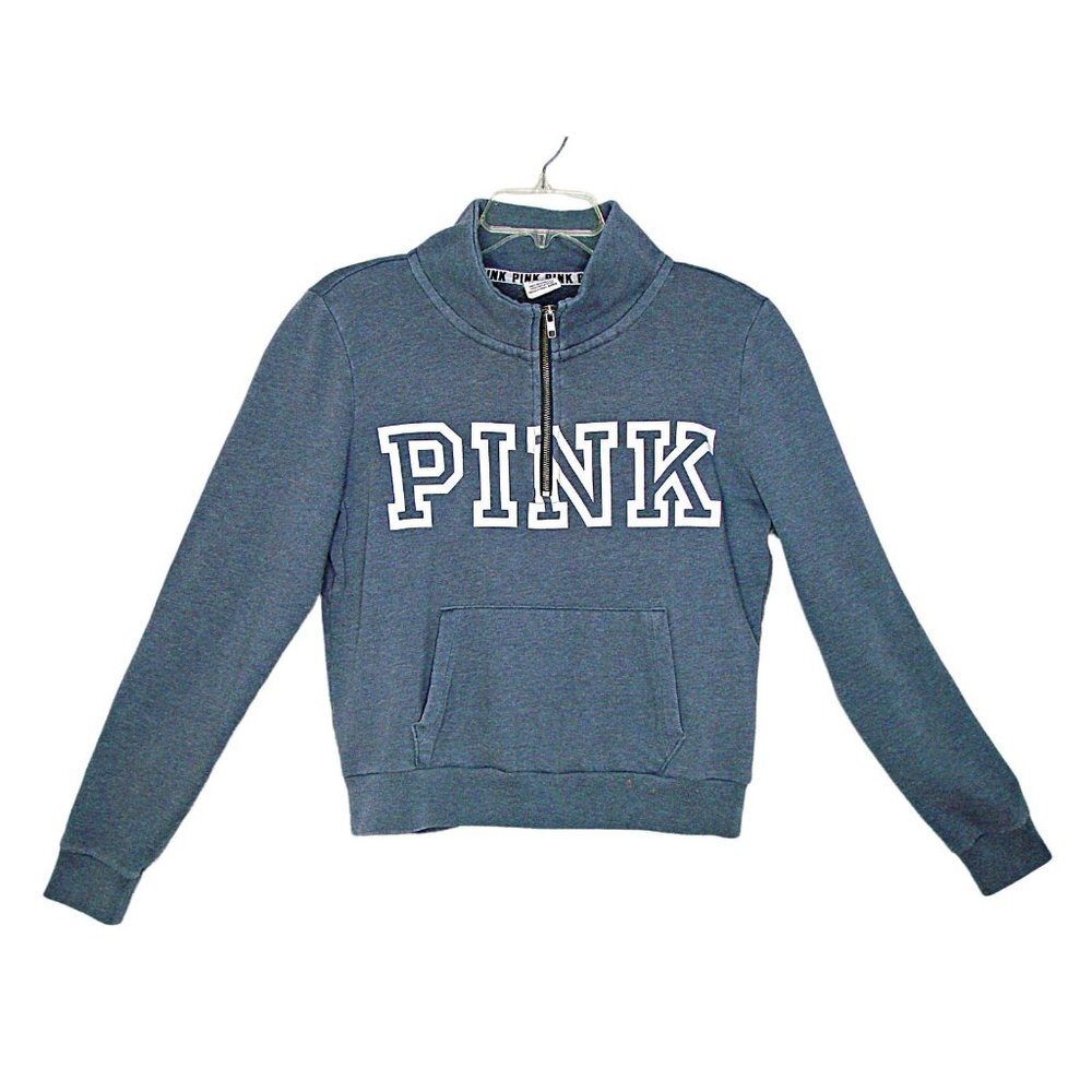 Victorias Secret Pink Womens Collared 1/4 Zip Pullover Sweatshirt Gray Logo Sz S